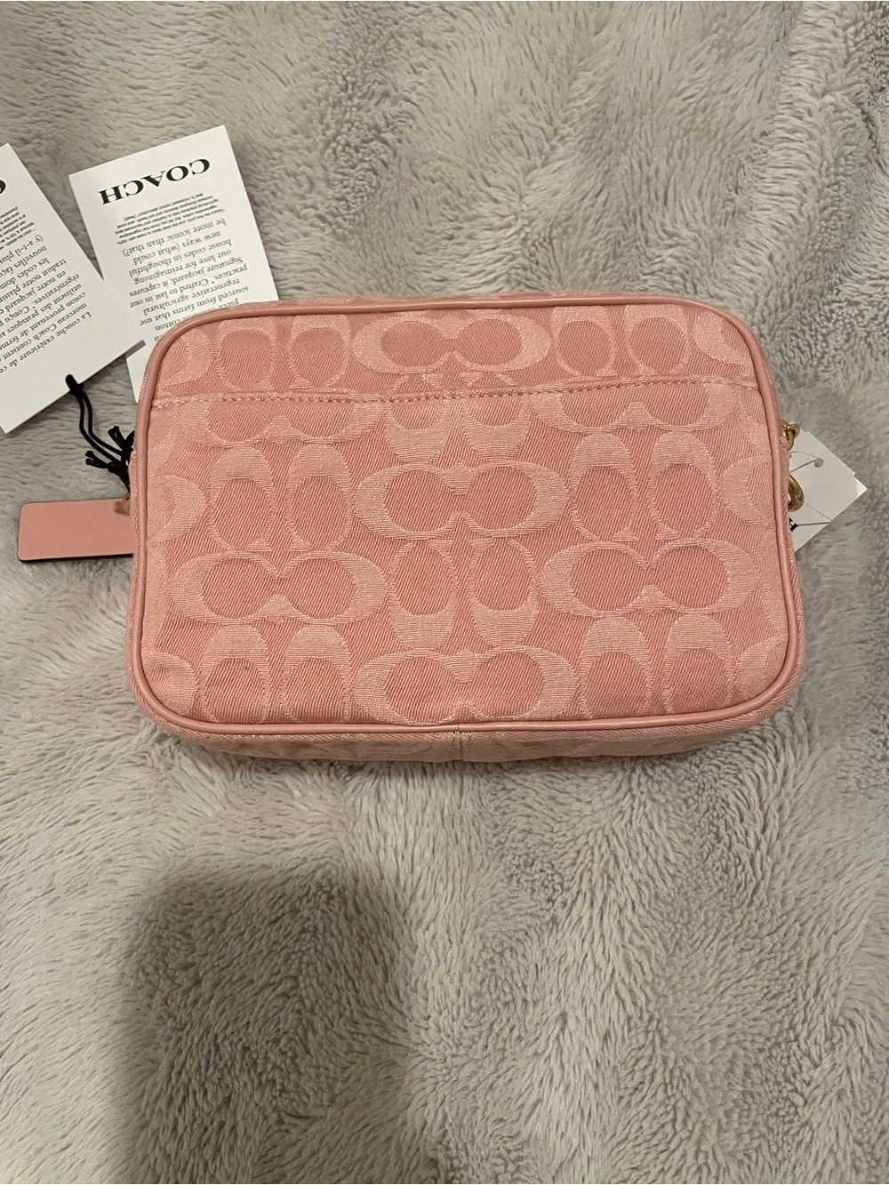 Authentic Coach Pink Signature Jacquard Cosmetic Case with Gold Logo
